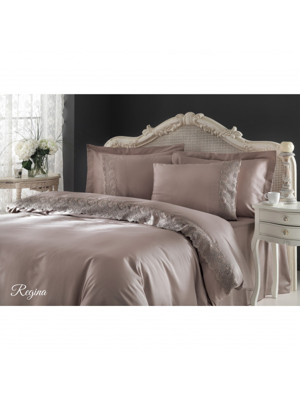 Постельное белье Tivolyo Home Regina Kahve делюкс сатин с гипюром евро