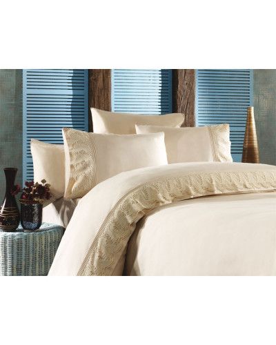 ППостельное белье Grazie Home Katya bej делюкс сатин с гипюром евро