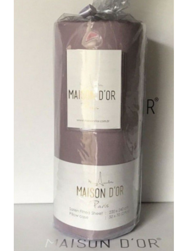 Простынь сатиновая Maison D'or brown на резинке 180x200 + наволочки 2-50x70