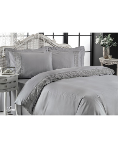 Постельное белье Tivolyo Home Lina gri делюкс сатин с гипюром евро
