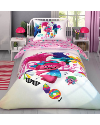Подростковое постельное белье Tac Disney Trolls Color Party ранфорс полуторное на резинке