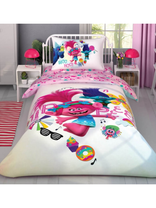 Подростковое постельное белье Tac Disney Trolls Color Party ранфорс полуторное на резинке