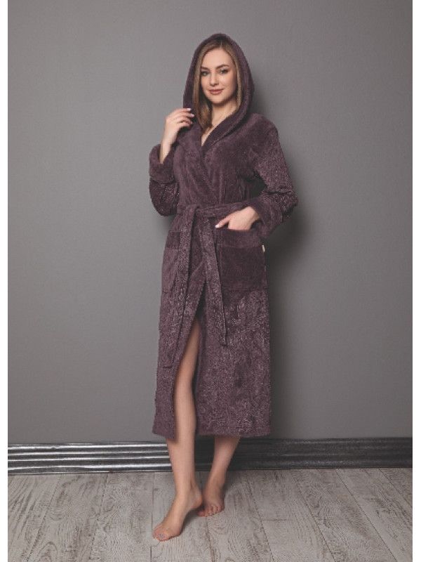 Халат женский nusa хлопок/бамбук модель 8655 с капюшоном   баклажановый, m