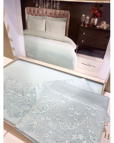 Постельное белье Tivolyo Home Regina su yesil делюкс сатин с гипюром евро