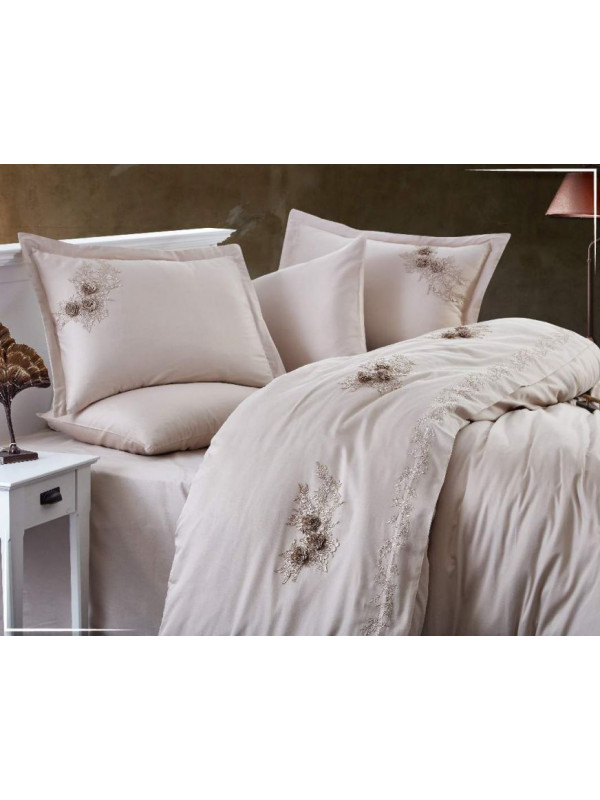 Постельное белье Dantela Safir bej премиум сатин с вышивкой евро