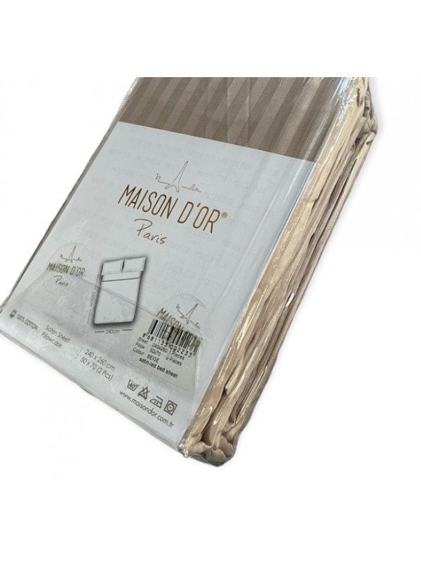 Простынь сатиновая Maison D'or beige 240x260 + наволочки 2-50x70