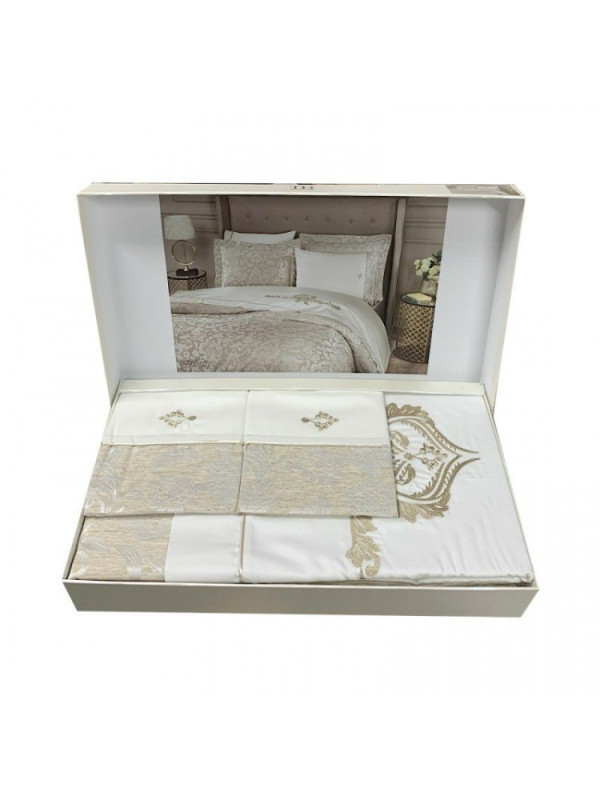 Постельное белье Tivolyo Home Fortuny k.beyaz жаккард делюкс лен евро