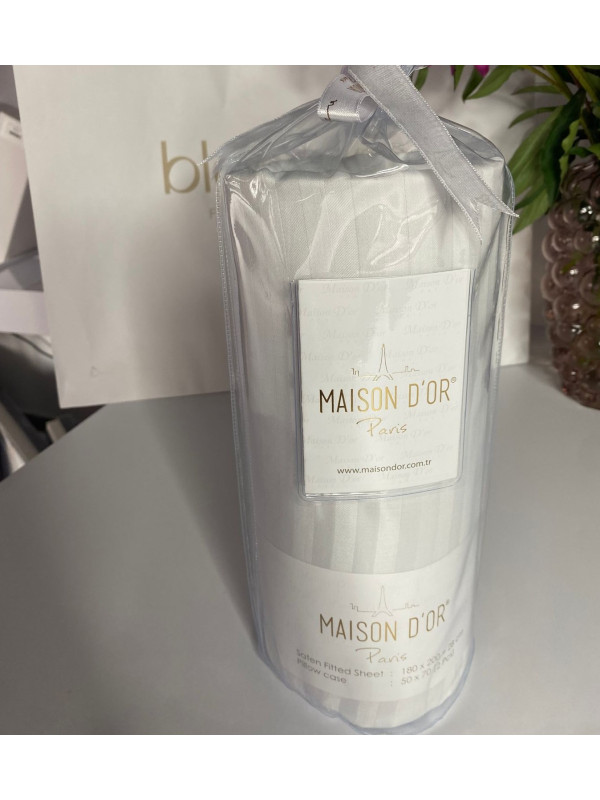Простынь сатиновая Maison D'or white на резинке 180x200 + наволочки 2-50x70