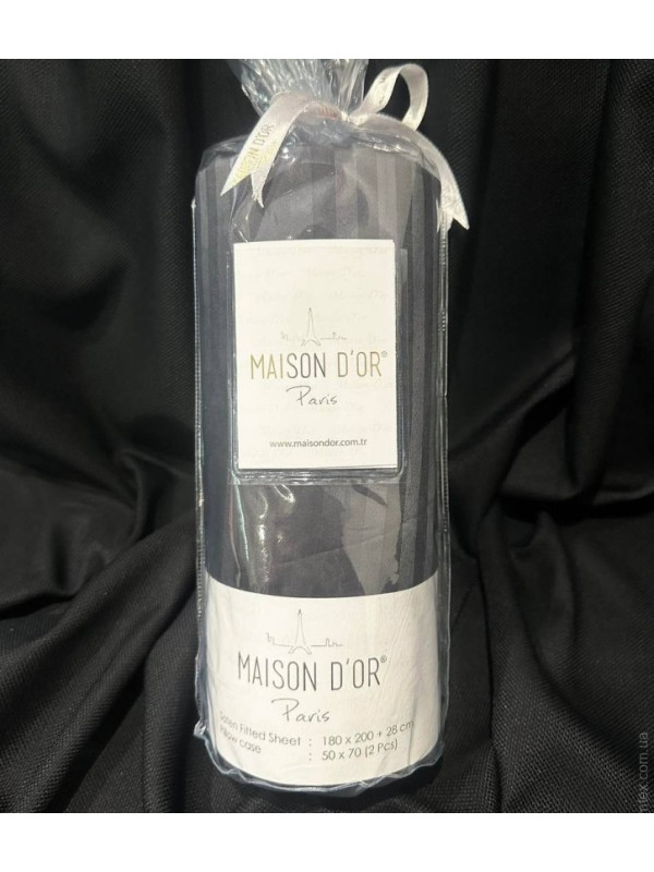 Простынь сатиновая Maison D'or antracit на резинке 180x200 + наволочки 2-50x70