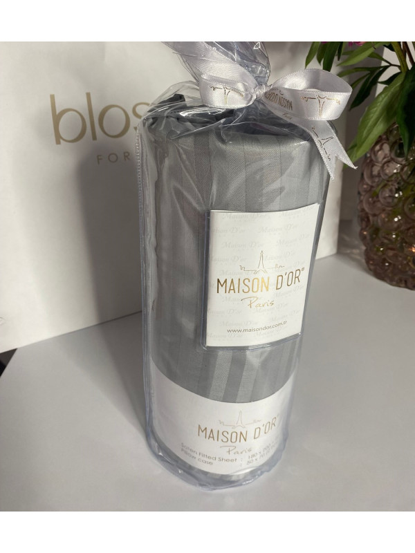 Простынь сатиновая Maison D'or grey на резинке 180x200 + наволочки 2-50x70