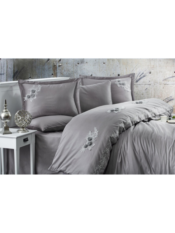 Постельное белье Dantela Safir antracit премиум сатин с вышивкой евро
